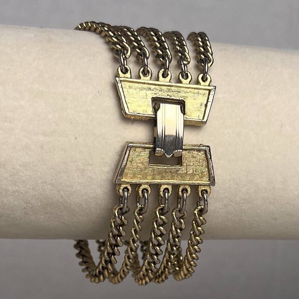 Gold Tone 5 Multi Strand Chain Bracelet Slinky Bold Clasp Vintage Estate MCM 7"